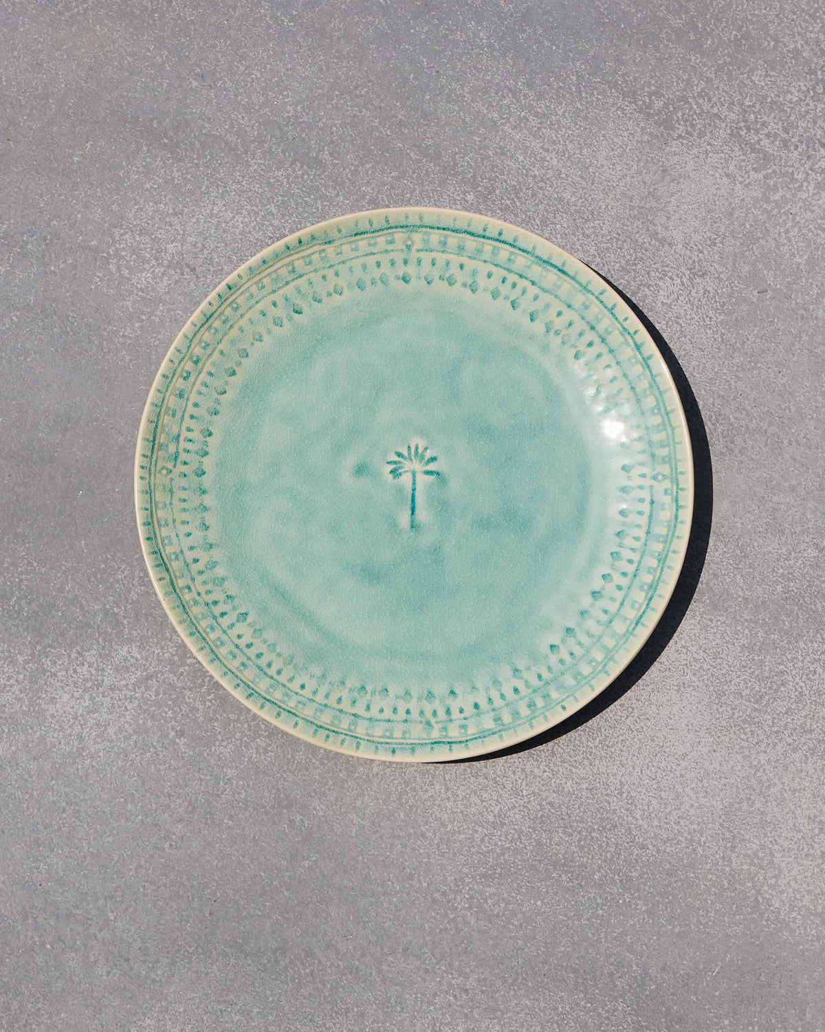 Overhead view of Coco Palm Dinner Plate with its dotted rim.