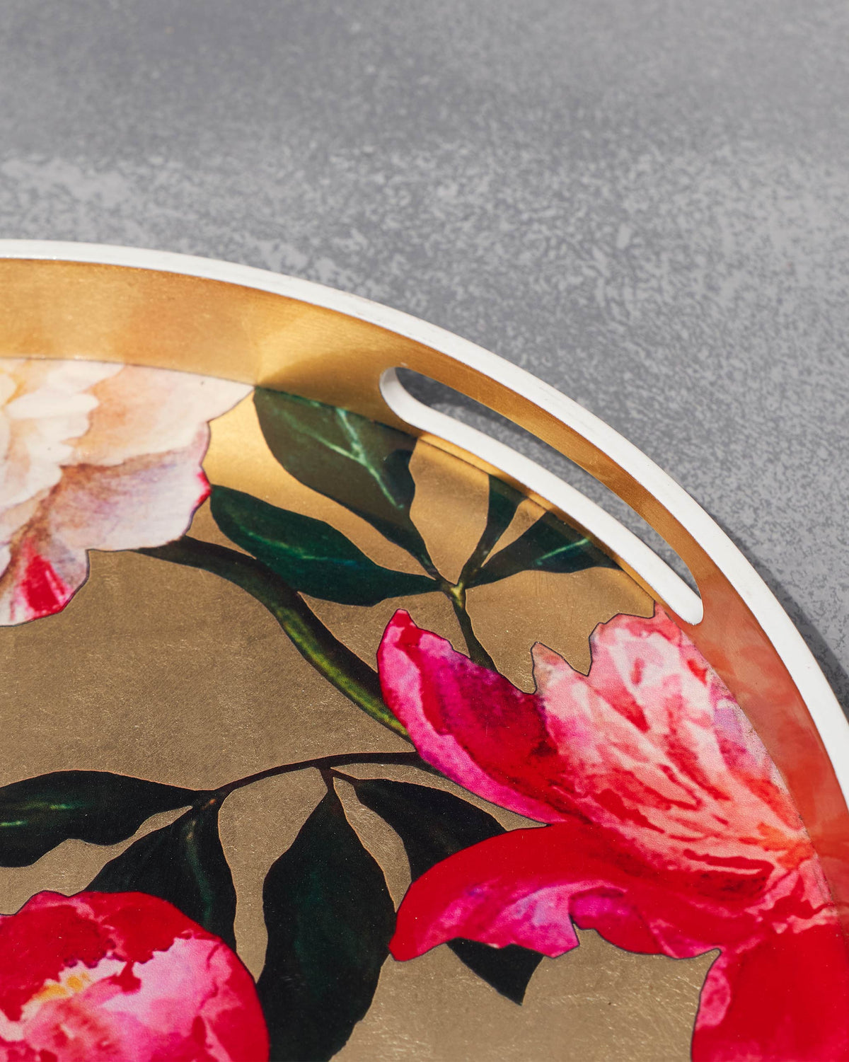Close-up of the Sitara Peony Tray showing its handle cut-out and peony print.