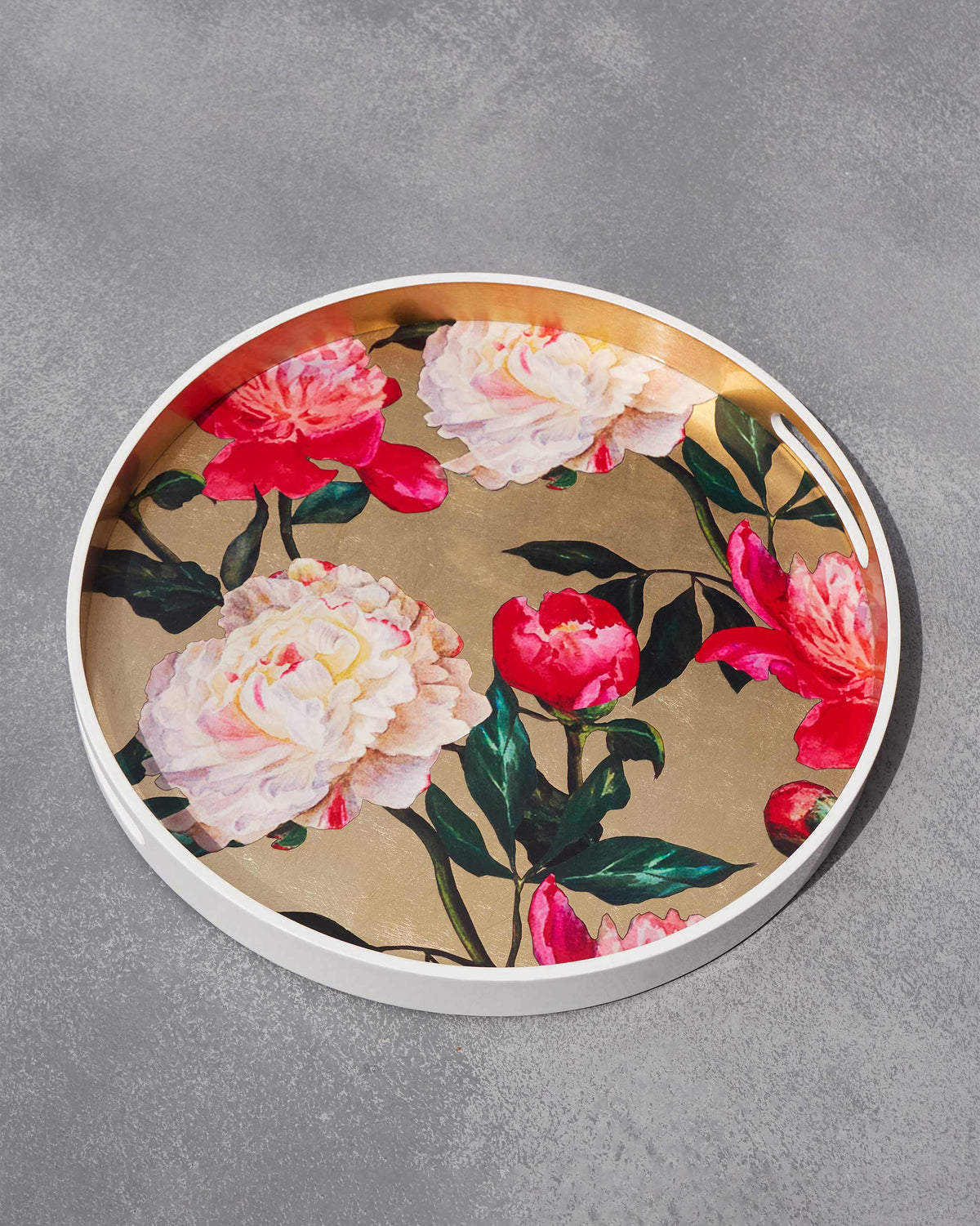Sitara Peony Tray seen from above, pink and cream peonies on a gold base.