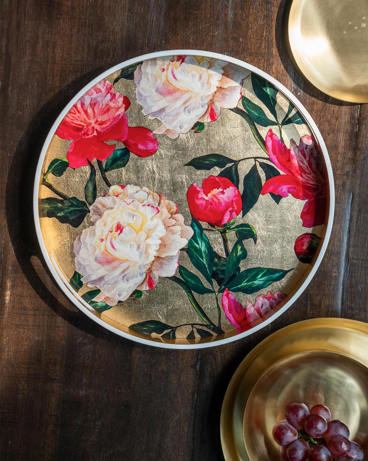 Sitara Peony Tray in close top-down view with pink peonies and gold leaf.