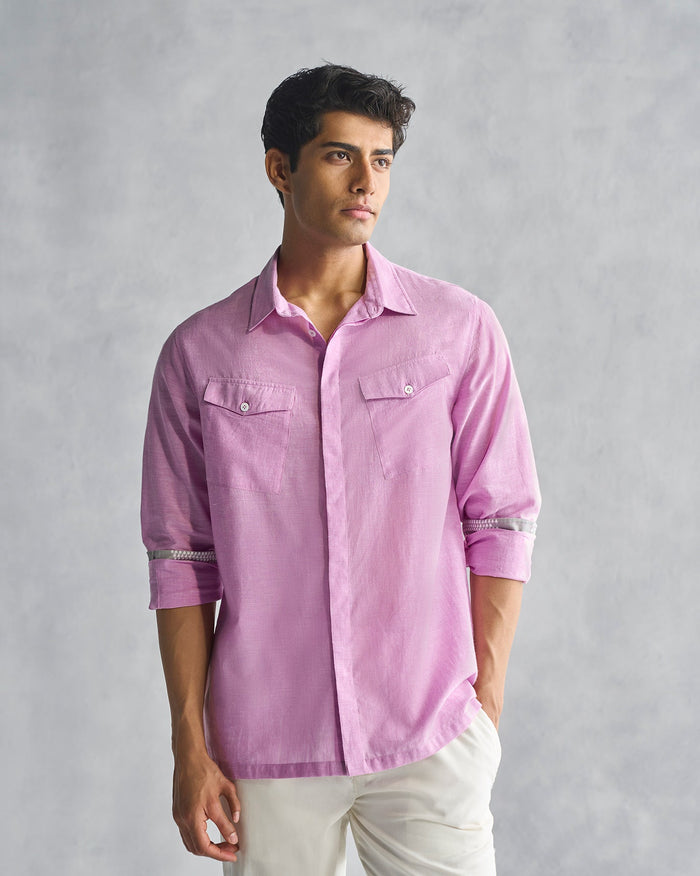 Person wearing a lilac Twilight Shirt with chest flap pockets.