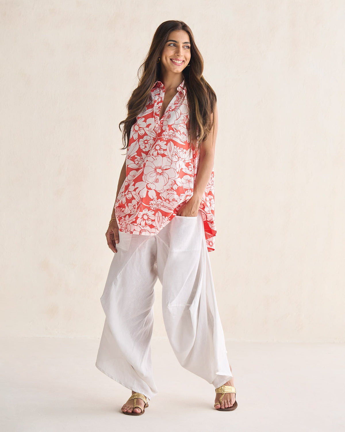 Full-length front view of a Susadei Shirt with a coral floral print.