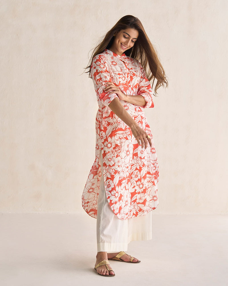 Basic Long Length Kurta - Ivory & Coral