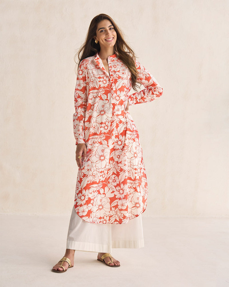 Basic Long Length Kurta - Ivory & Coral