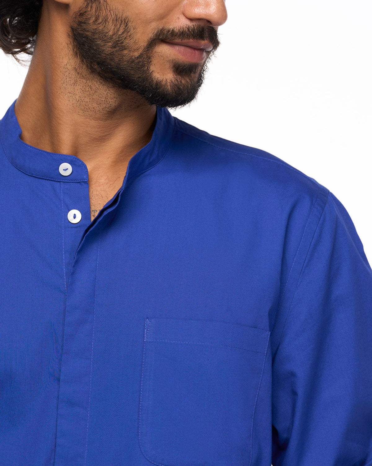 Close-up of the Chest Pocket Kurta band collar and placket with white buttons.