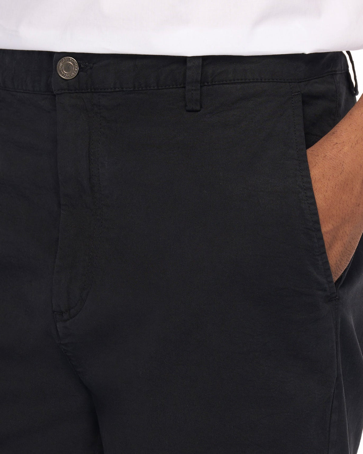 Close-up of black Azure Trousers showing the front button and side pocket.