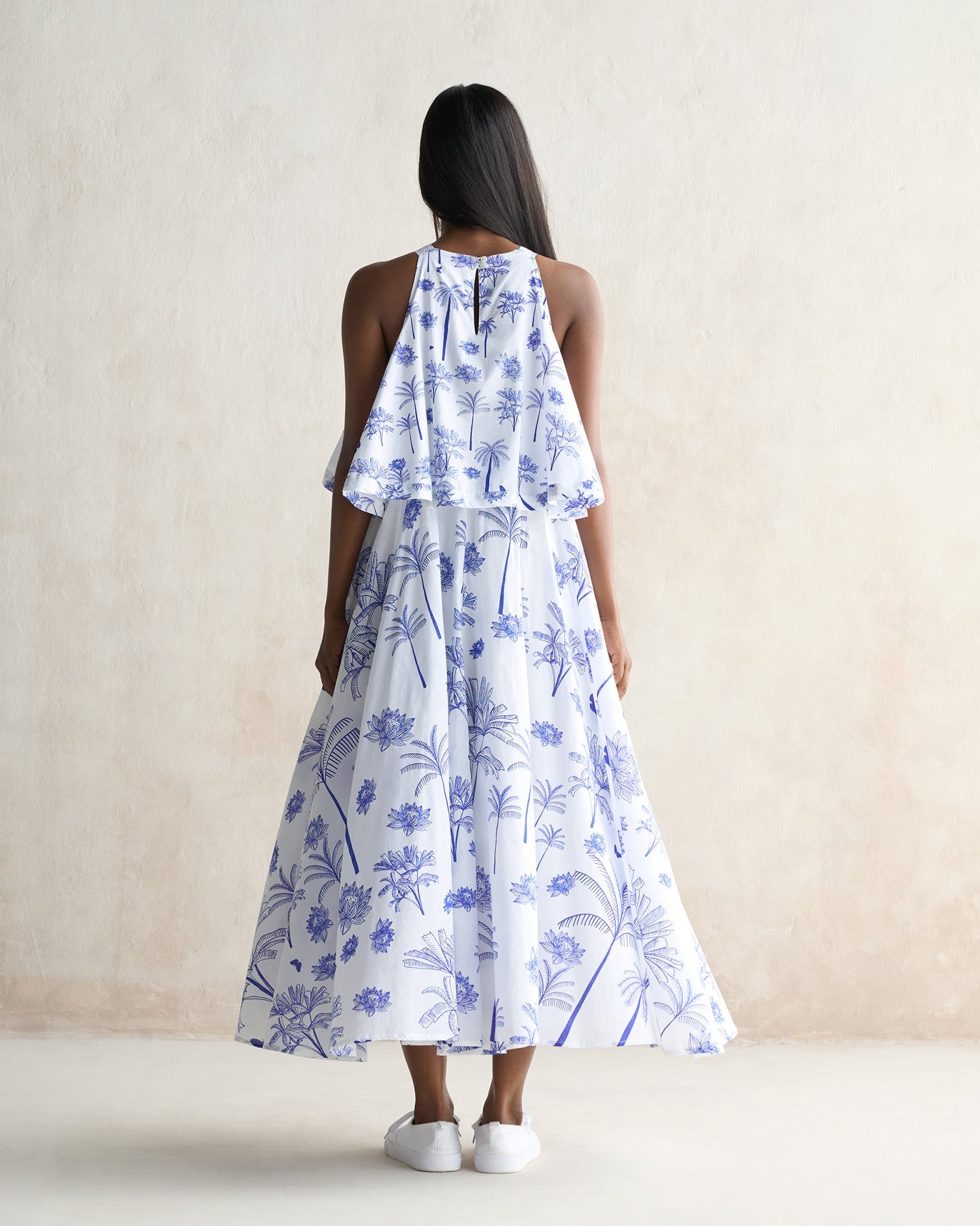 Flared Halter Dress - White & Blue