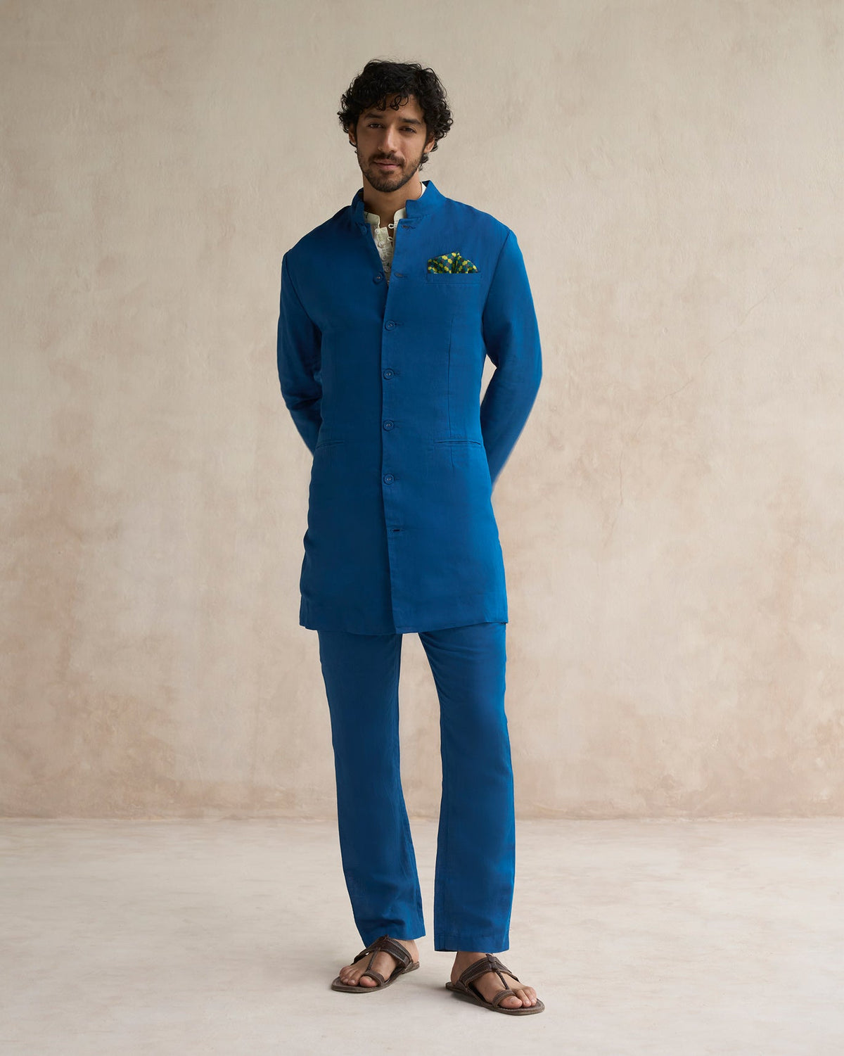 Full-length view of sapphire Banjara Trousers worn by a person.