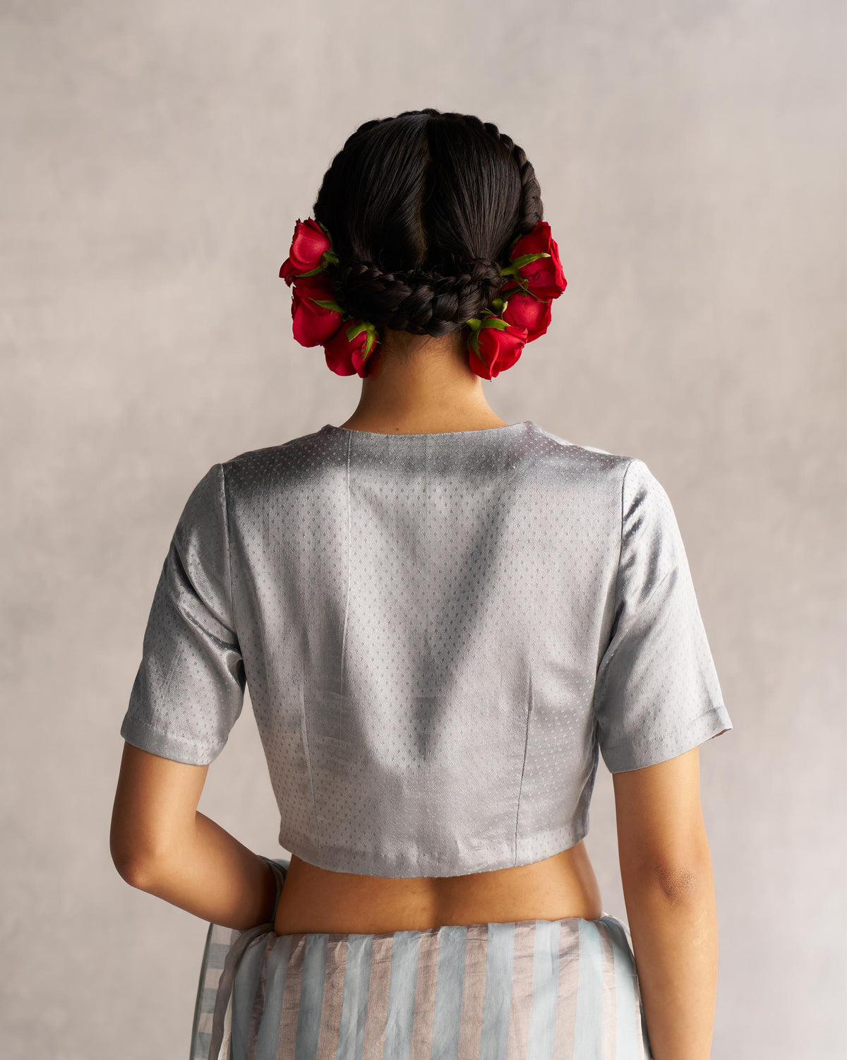 Back of grey Celestial Blouse worn by a person.