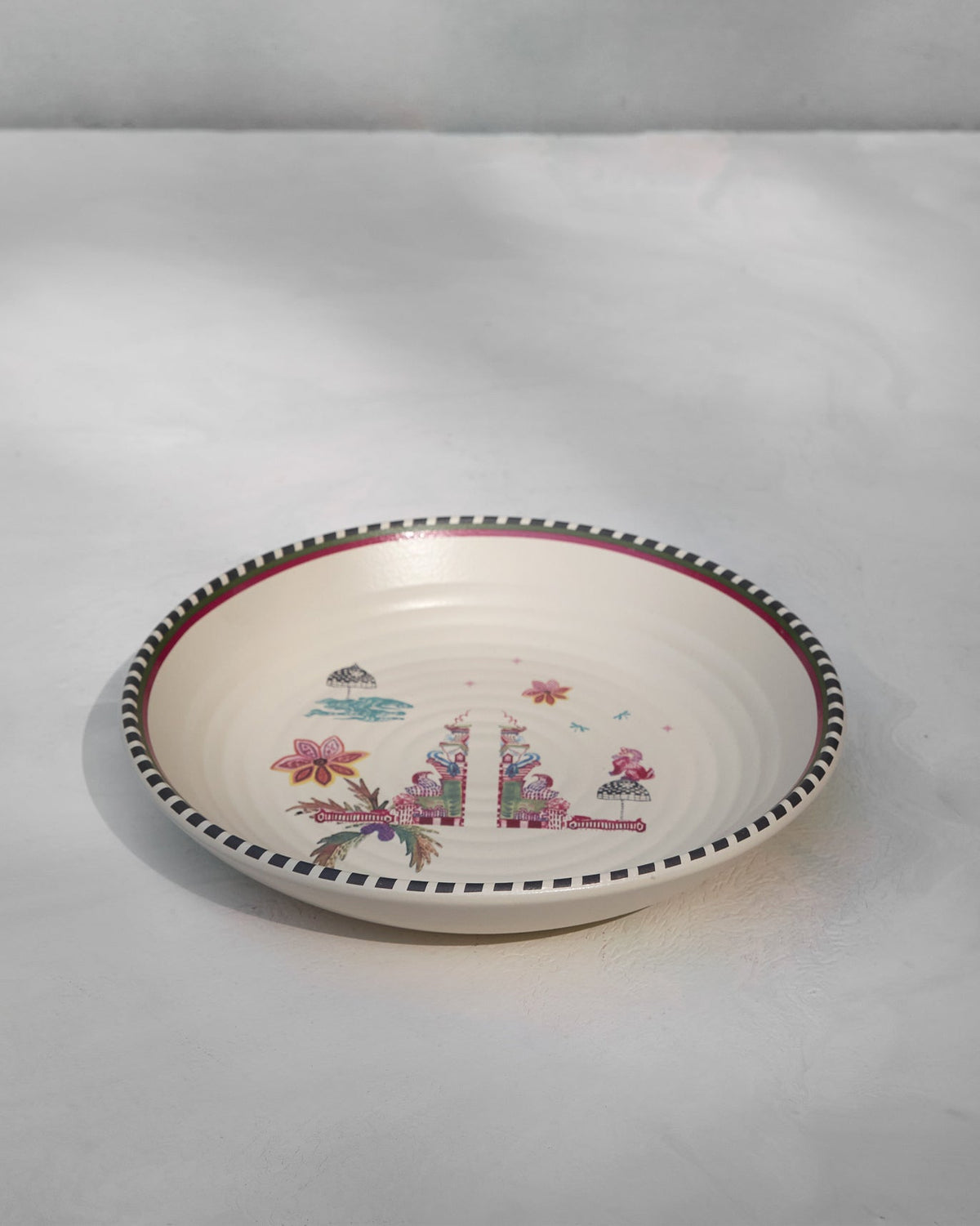 Side view of the Agama Pasta Plate showing its shallow rim.