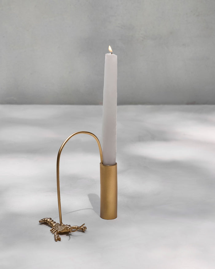 Lobster Candle stand in brass with a curved arm and a lobster base.