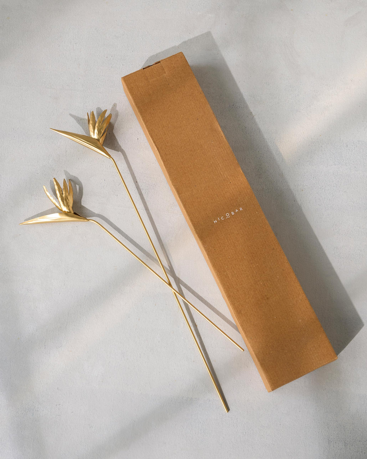 Two Bird of Paradise Home Accents in gold beside a Nicobar kraft box.
