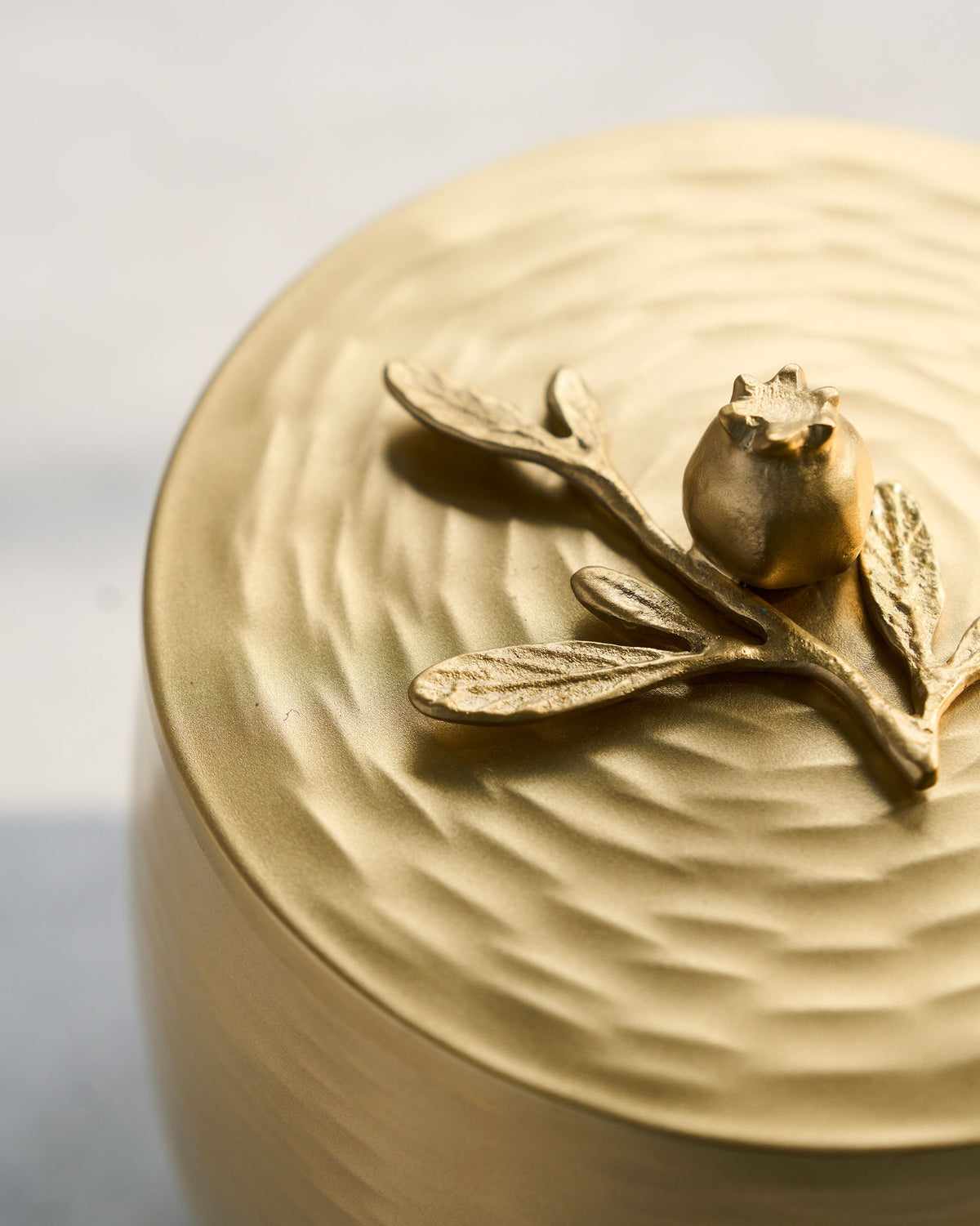 Close-up of the Anar ice bucket lid with a raised pomegranate and leaves.
