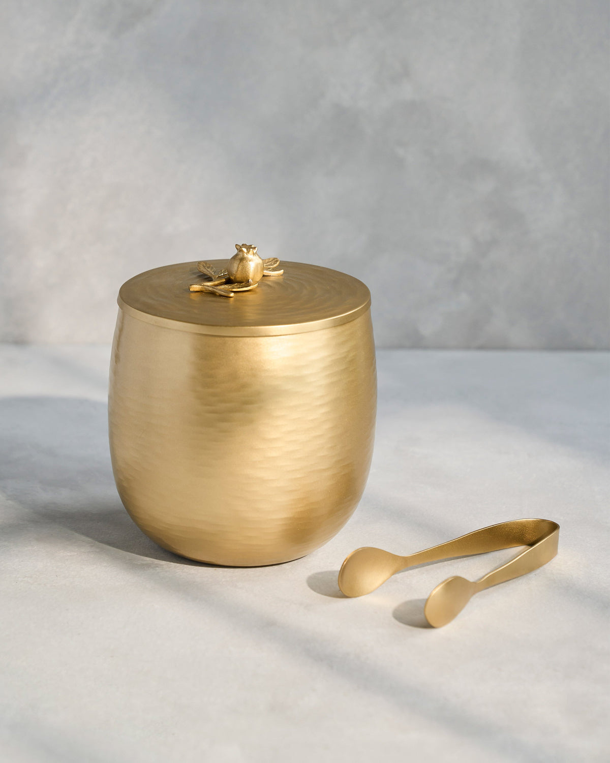 Anar ice bucket shown with its matching ice tongs.