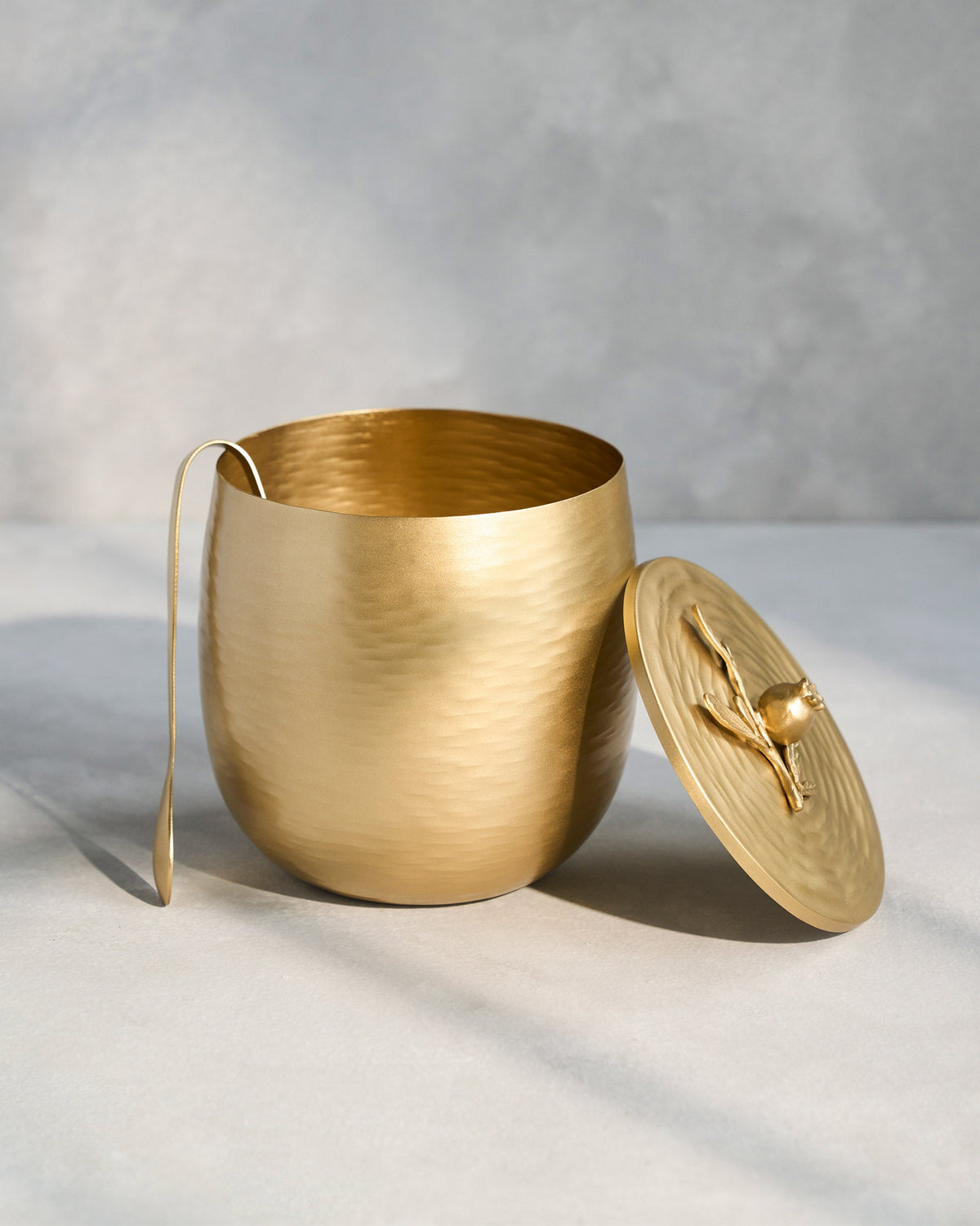 Anar ice bucket with its lid propped open and tongs resting against it.