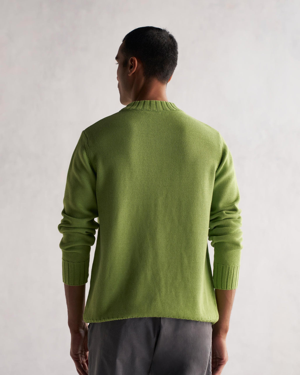 Back of green Coast Crew-Neck Sweater worn by a person.