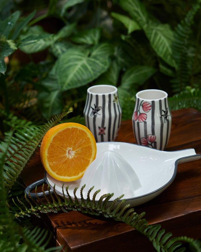 Just Juice It gift set with a white citrus squeezer and two striped cups.