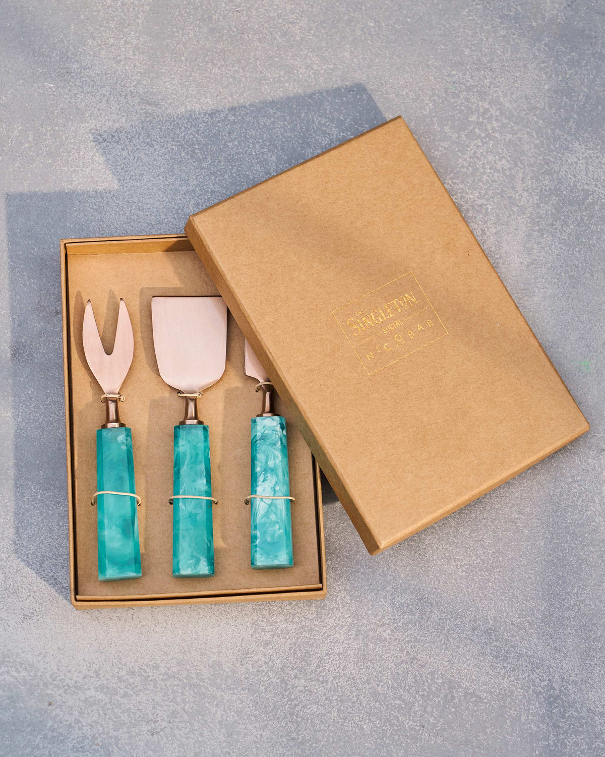 Teal Knife (Set of 3) in a kraft gift box with gold lettering.