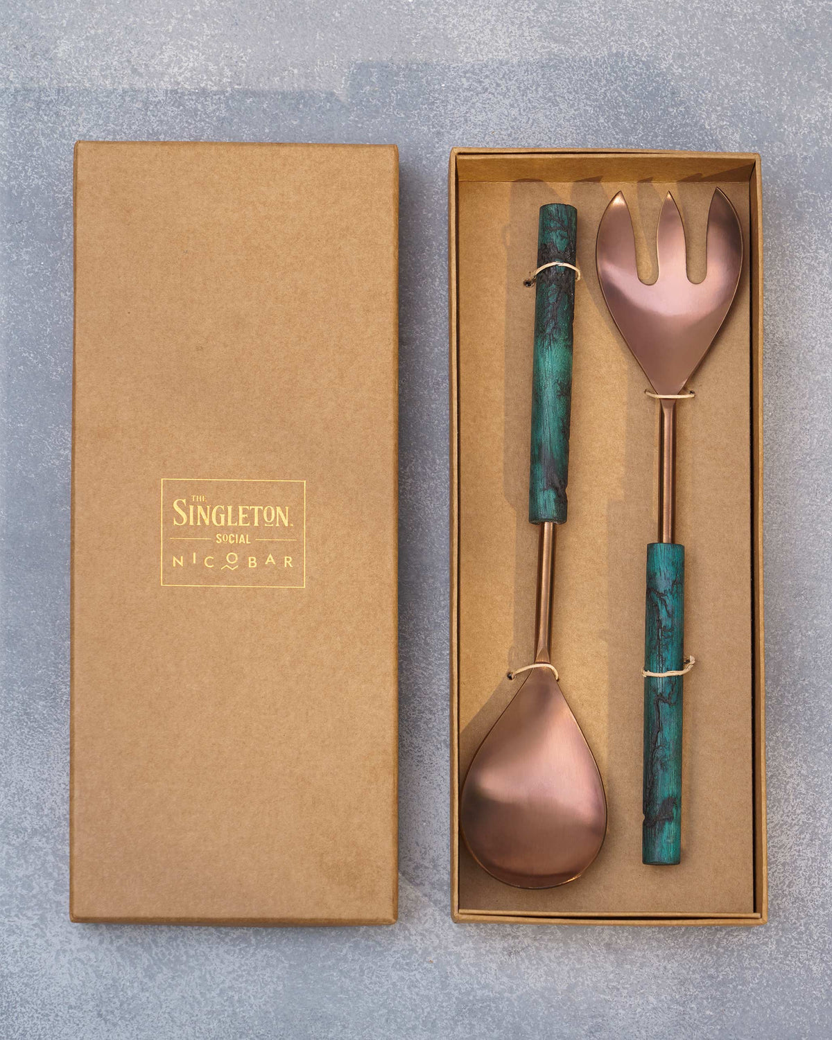 Garden Salad Server spoon and fork in an open kraft gift box.