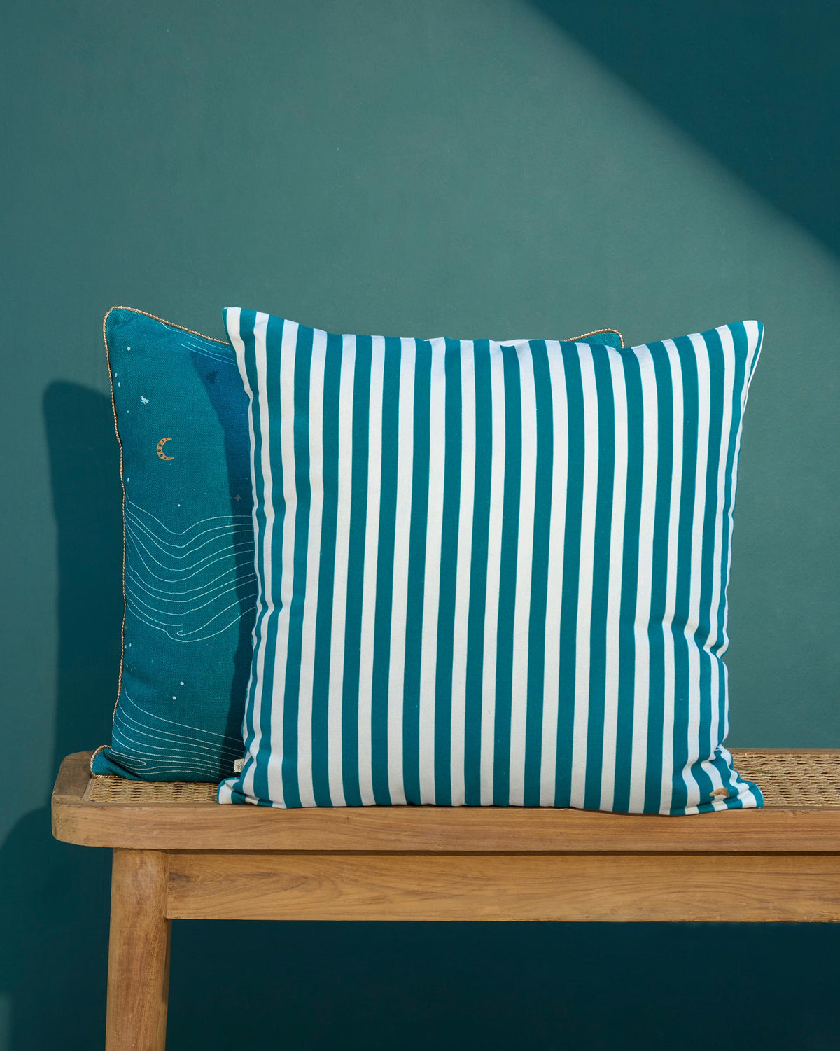 Tranquil Cushion Cover in teal and white stripes.