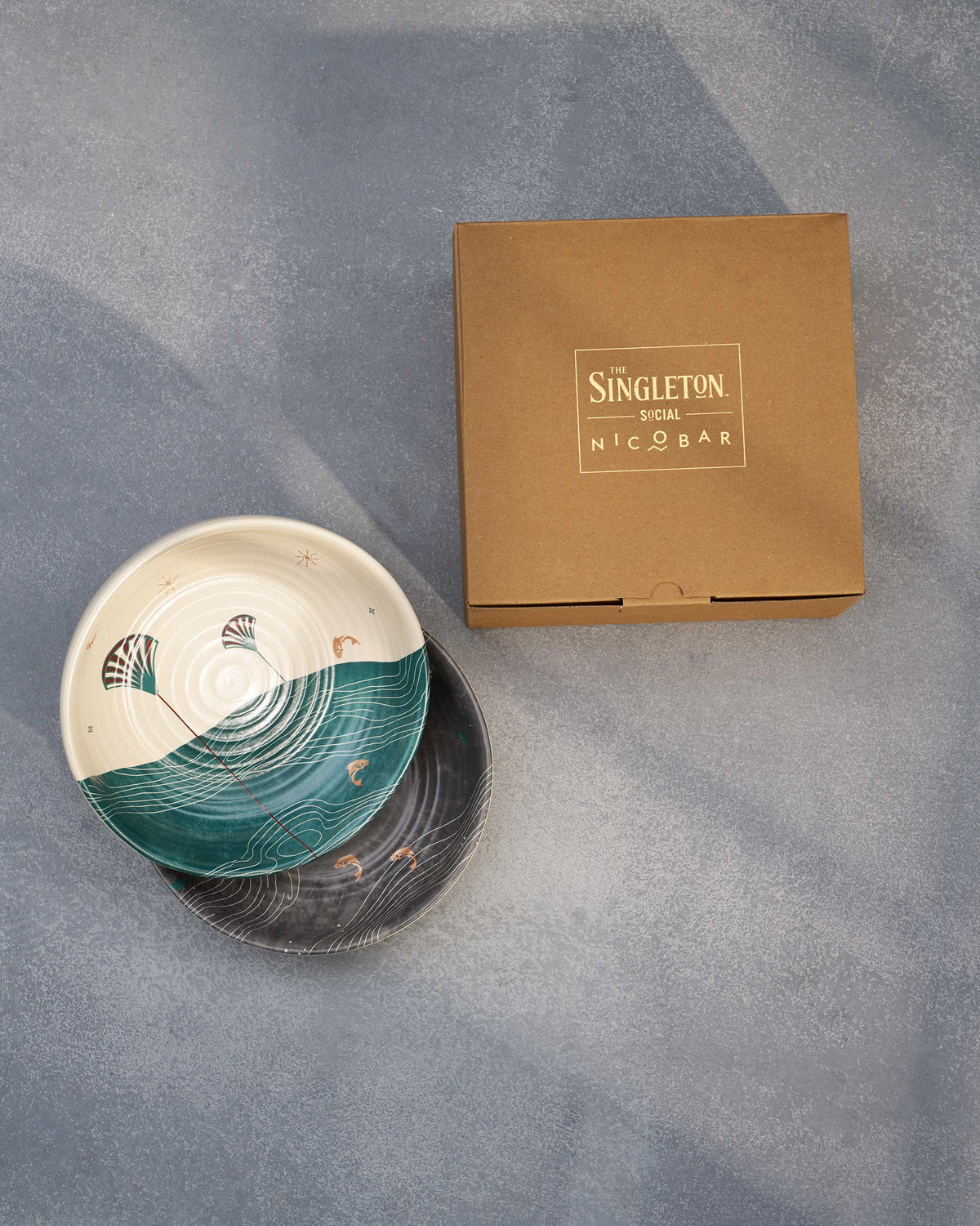 Kraft box for the Pacific shallow bowls with a Singleton Social x Nicobar label.