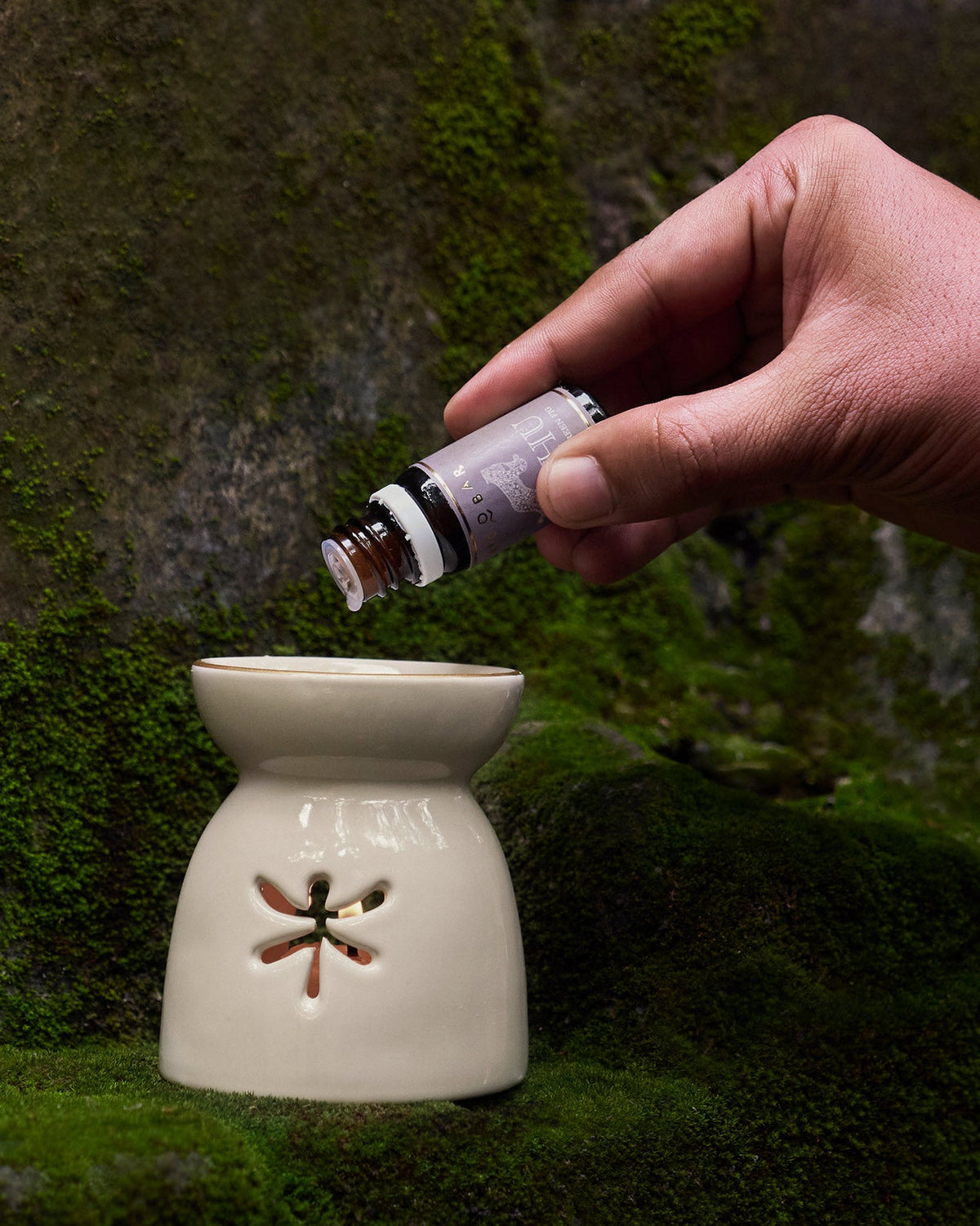 Person adding oil to a cream ceramic oil burner from a small bottle.