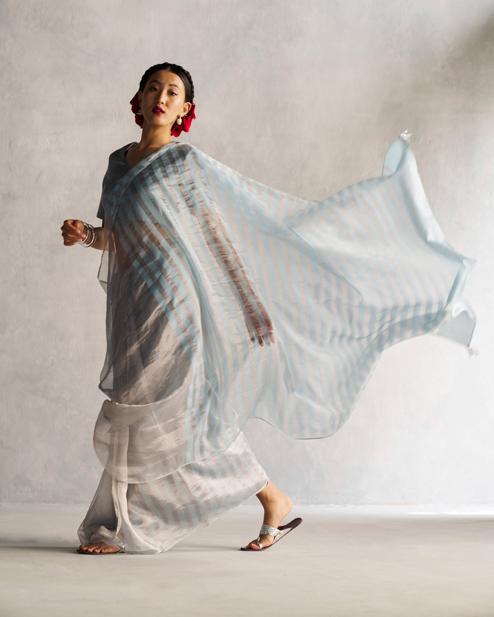 Zari Stripe Sari - Silver & Blue