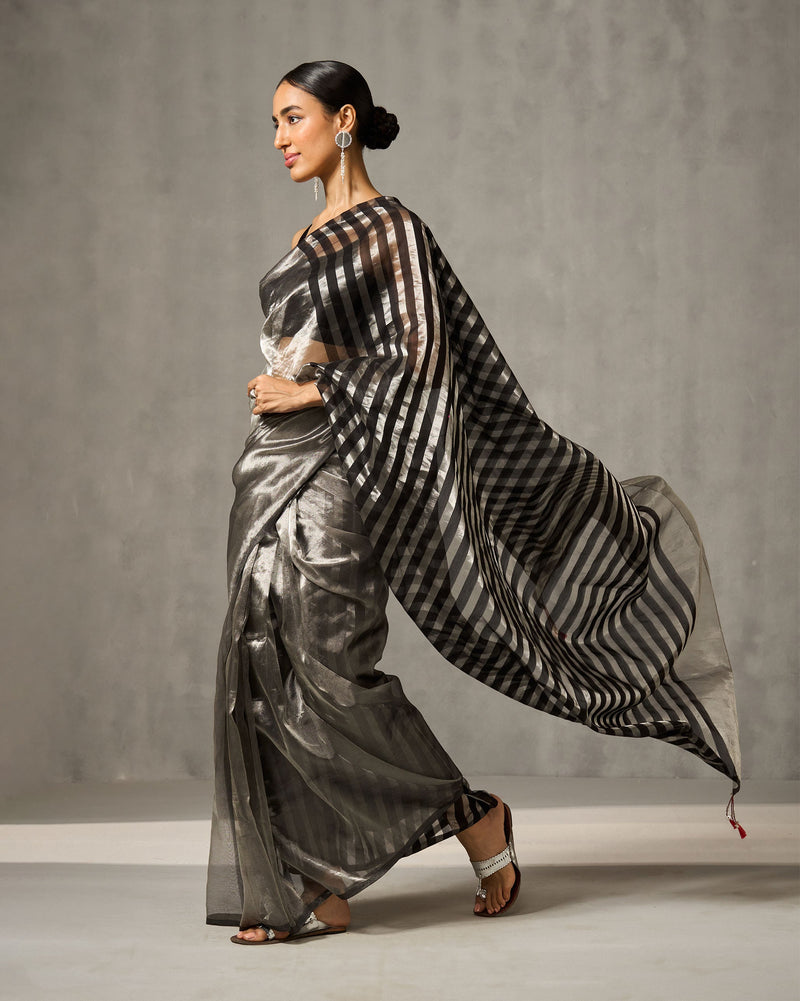 Zari Stripe Sari - Silver & Black