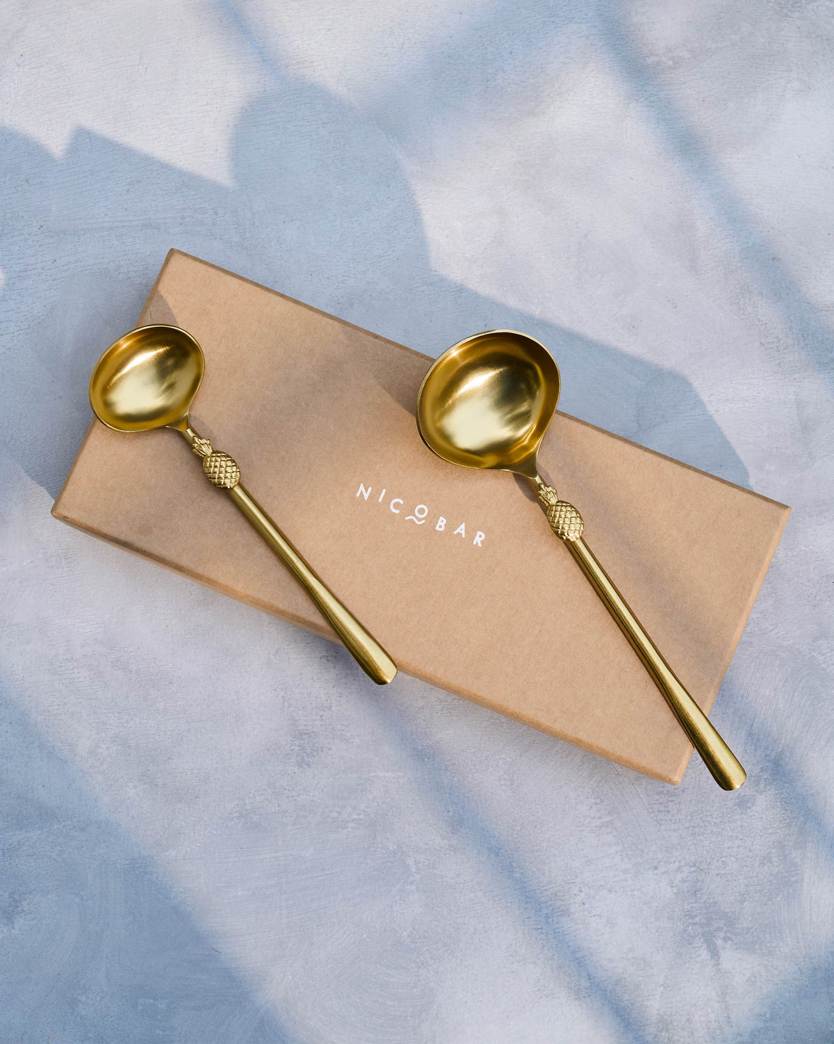 Pineapple Serving Spoon set resting on a box printed with the Nicobar logo.