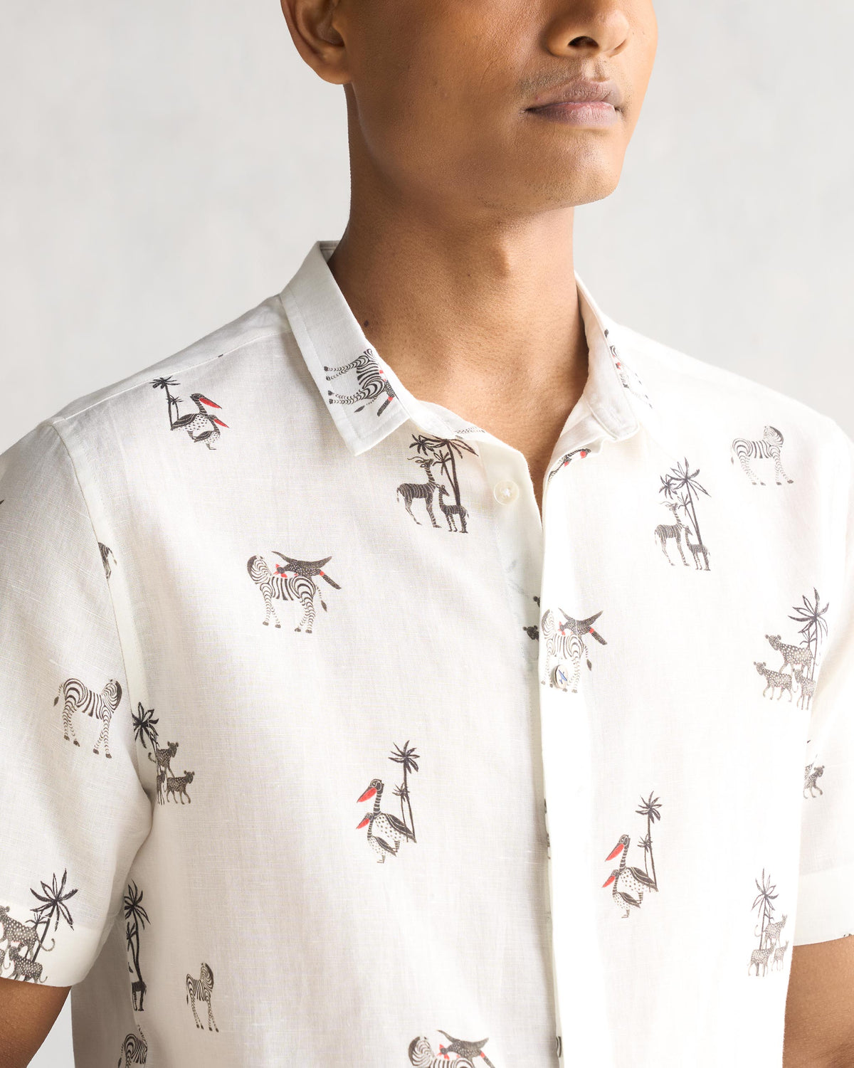Close-up of the Riverline Shirt collar and placket showing the animal print.