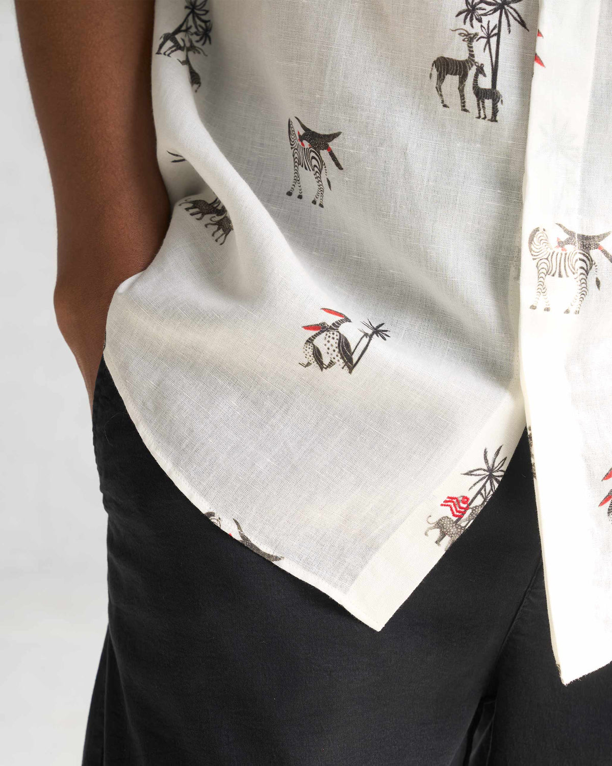 Close-up of the Riverline Shirt hem showing the animal and palm print.