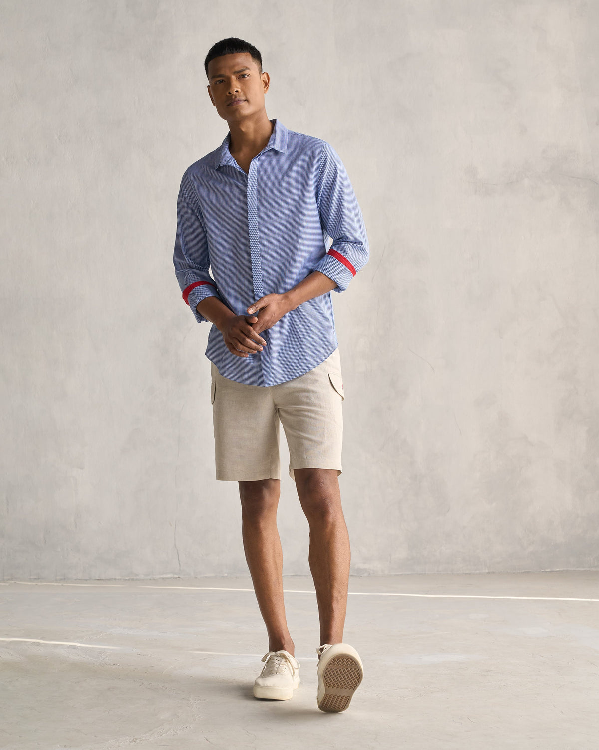 Full-length view of a person wearing the Bias Placket Shirt.