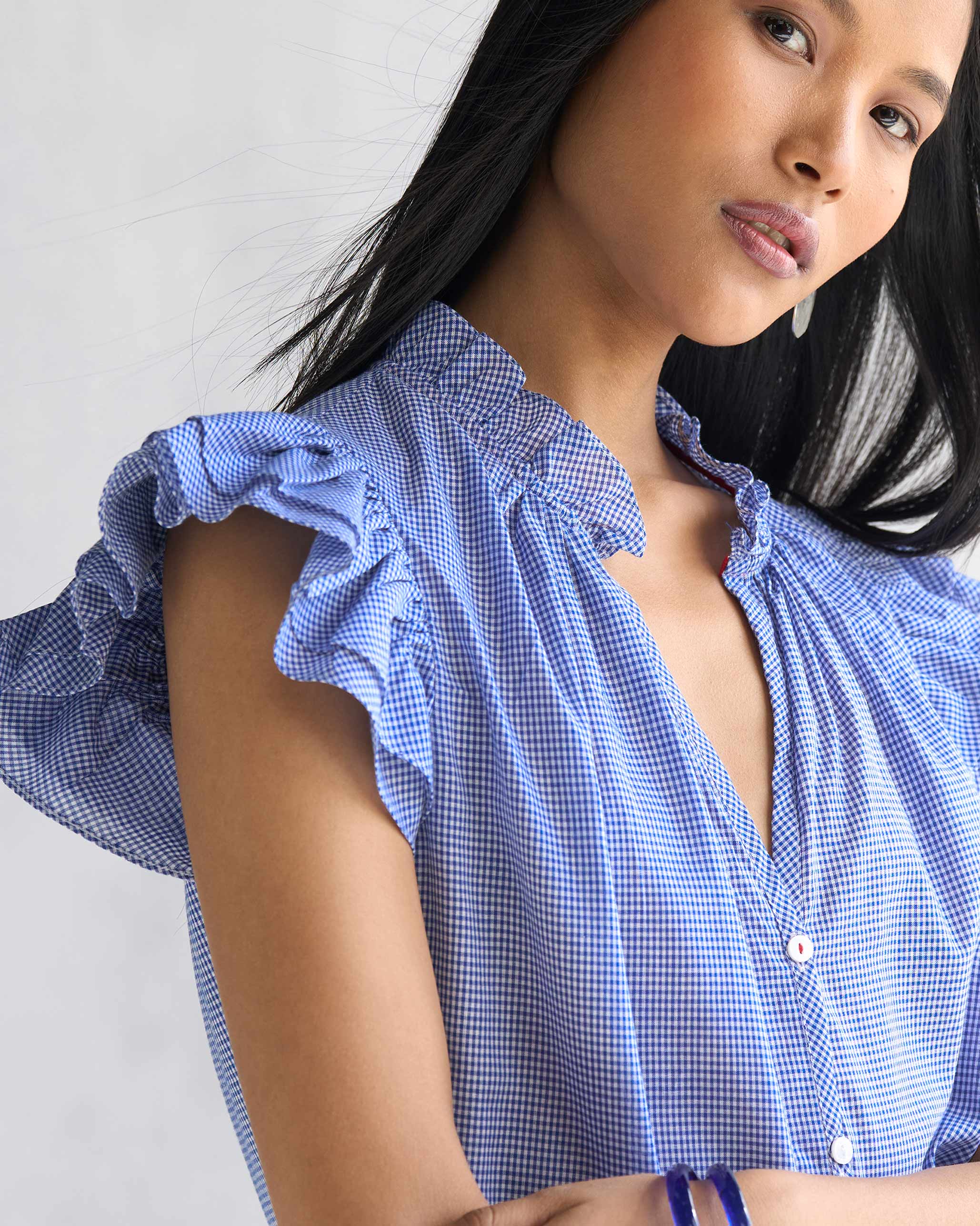 Ruffle Collar Shirt - Blue & White