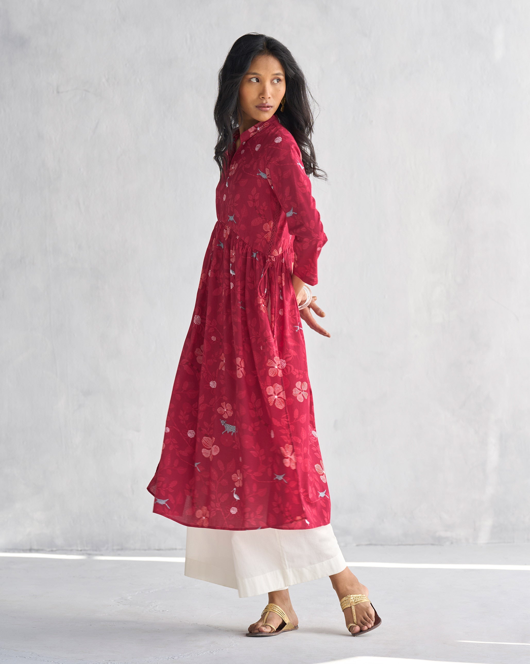 Waist Gathered Kurta - Red