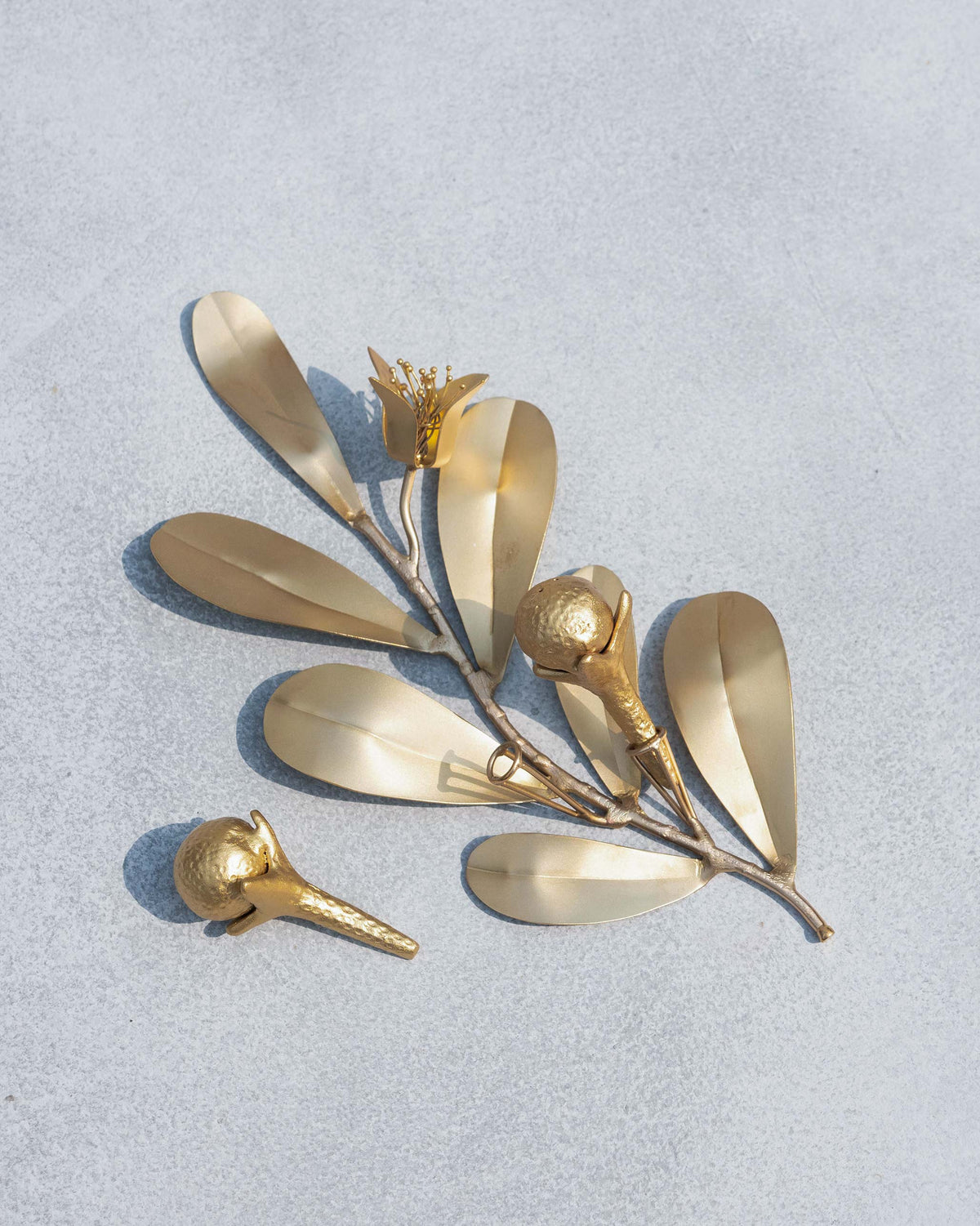 Gold Clove Salt and Pepper Shaker beside a leafy brass clove branch.