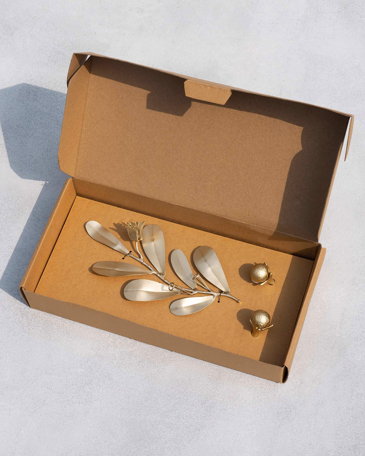 Clove Salt and Pepper Shakers packed with a gold leafy holder in a box.