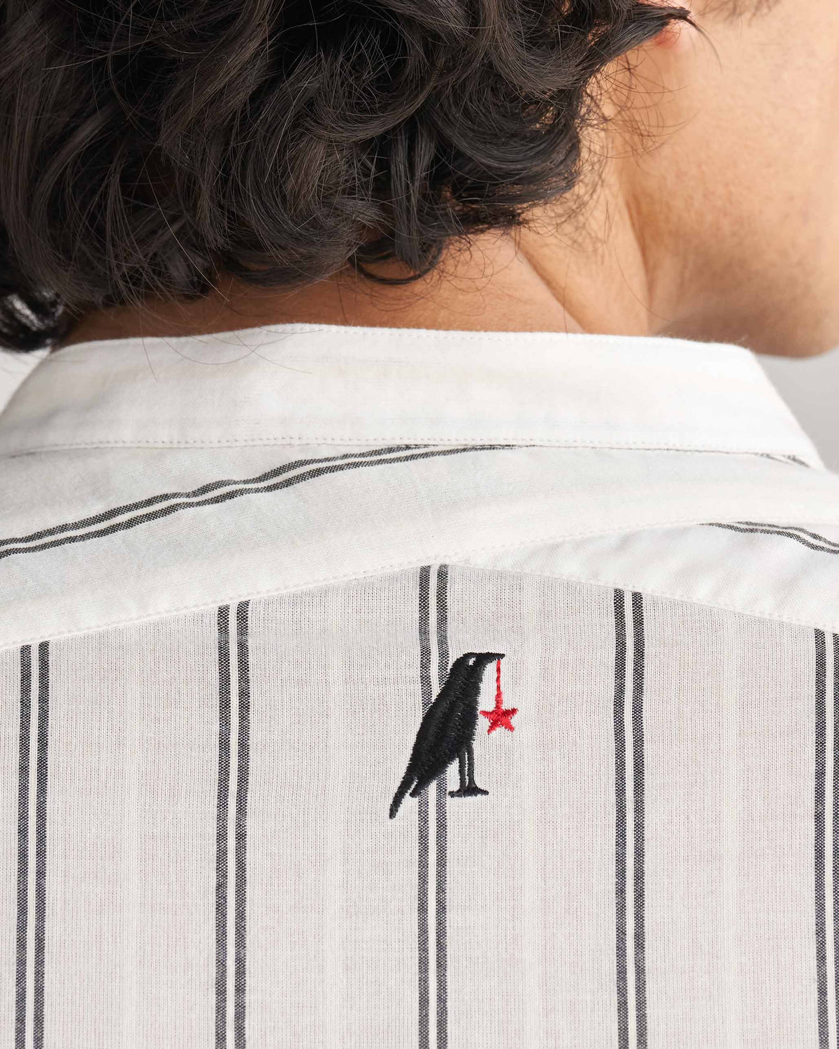 Side view of an ivory and black Panel Stripe Kurta worn by a person.