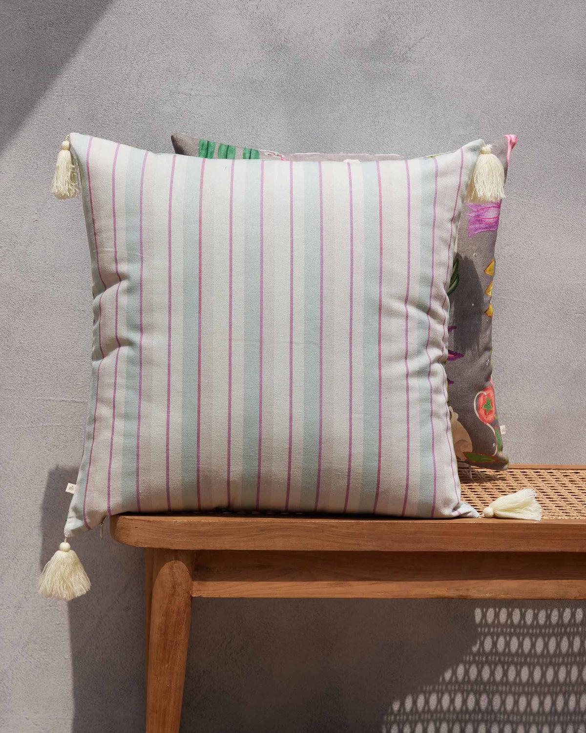 Zebra Cushion Cover with pale blue and pink pinstripes and cream tassels.