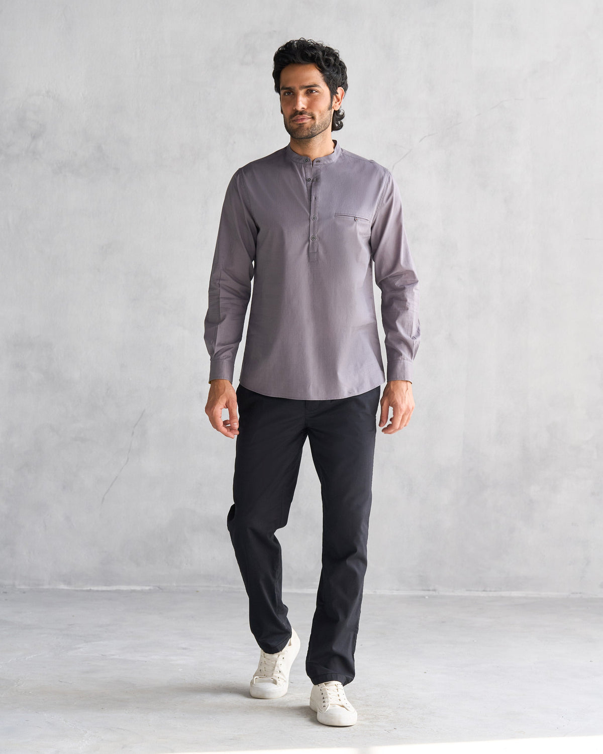 Full-length view of a person wearing the Pondicherry Shirt in charcoal.