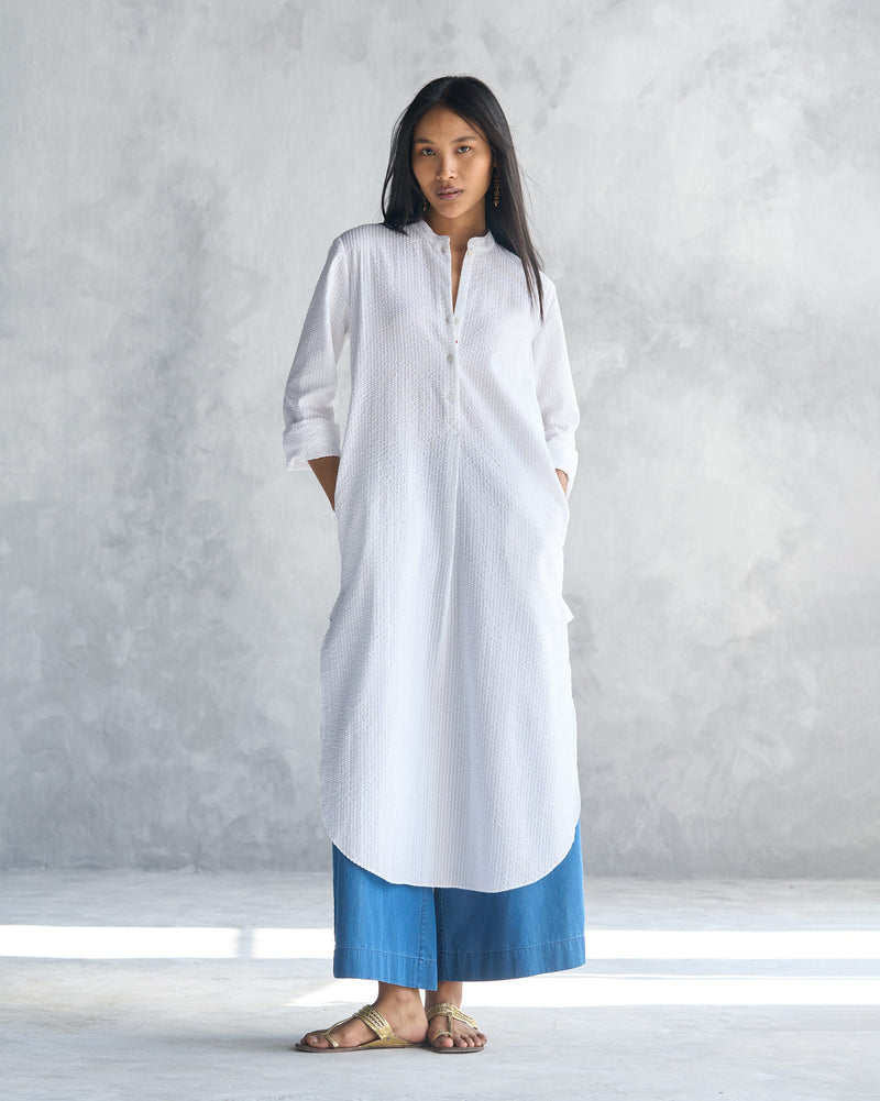 Basic Long Length Kurta - White Seersucker