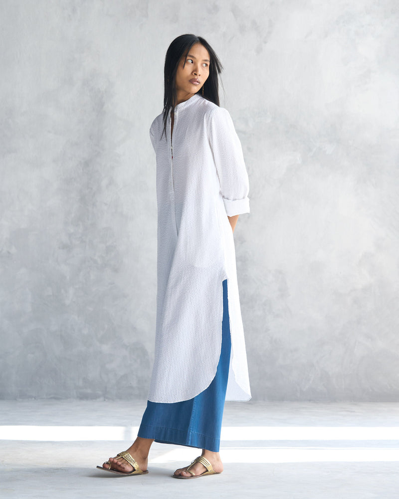 Basic Long Length Kurta - White Seersucker