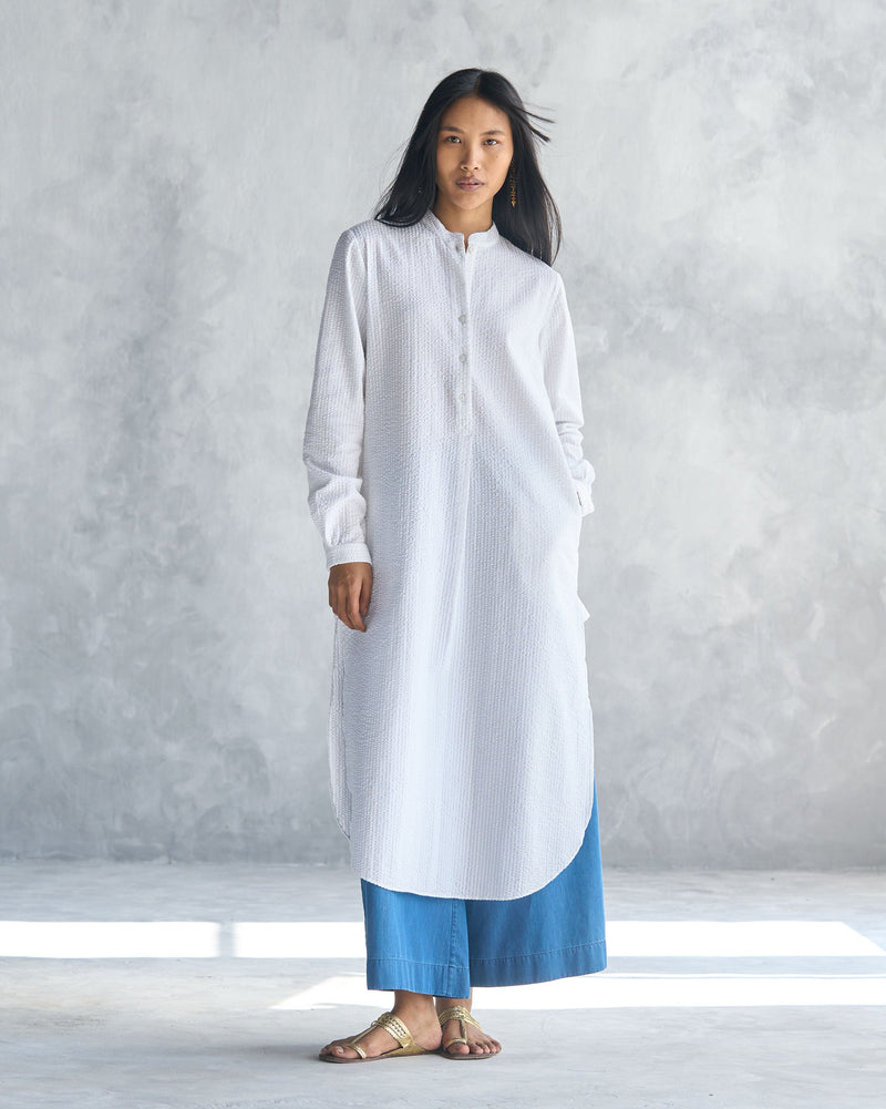 Basic Long Length Kurta - White Seersucker