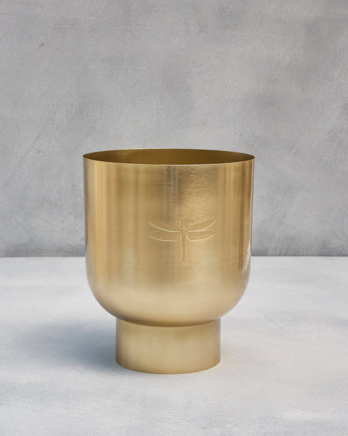 Luna Planter in gold with an etched dragonfly motif, shown on its own.