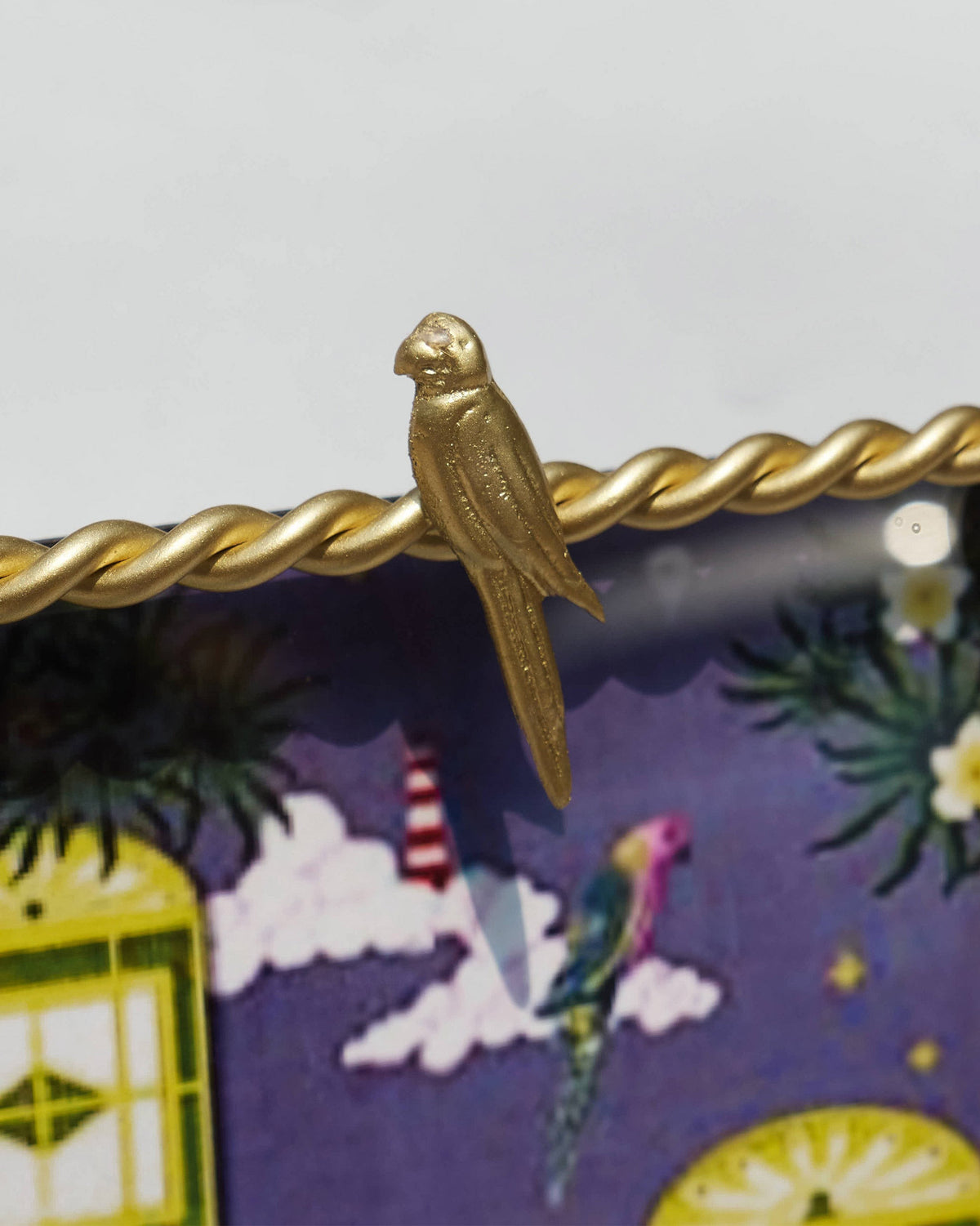 Close-up of the gold parrot on top of a Zanzibar Photo frame.