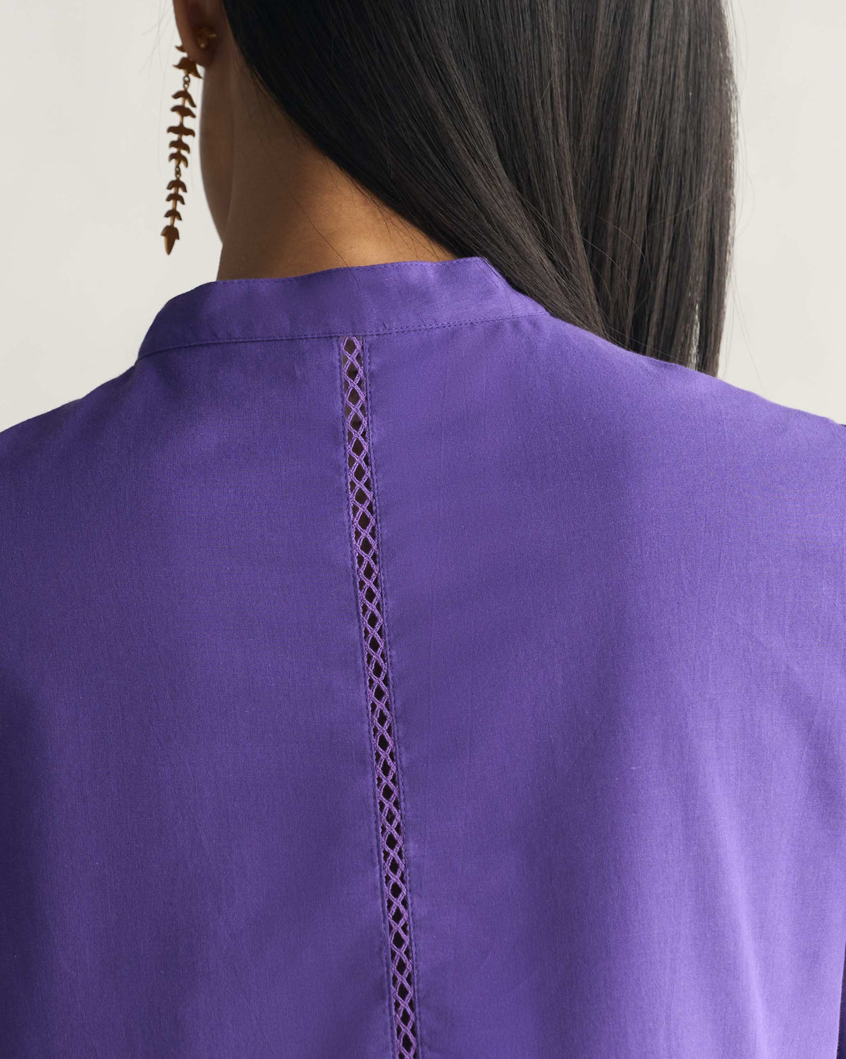 Back of purple Waist Gathered Kurta showing its band collar and openwork insert.