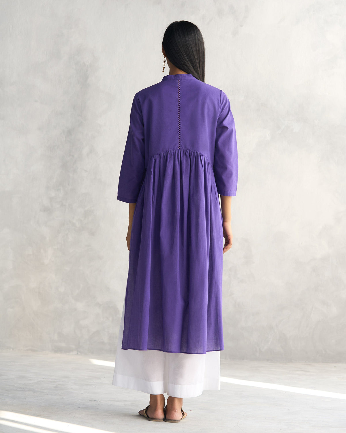 Back of purple Waist Gathered Kurta worn by a person.