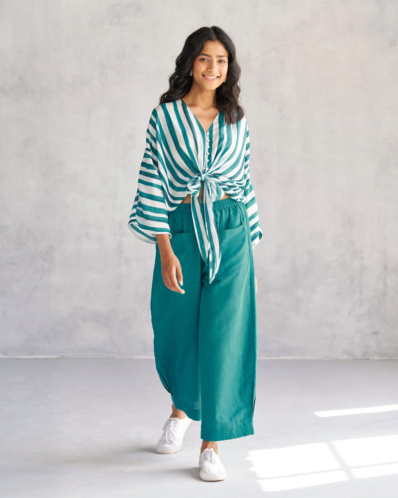 Front Knot Top - Teal & White Tssxnb