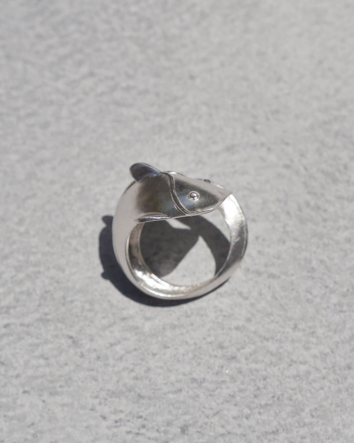 Close-up of a silver Mud-Fish ring showing its sculpted fish head.