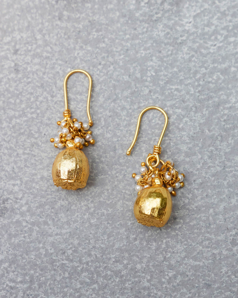 Pearl Poppy Drop Earrings - Gold