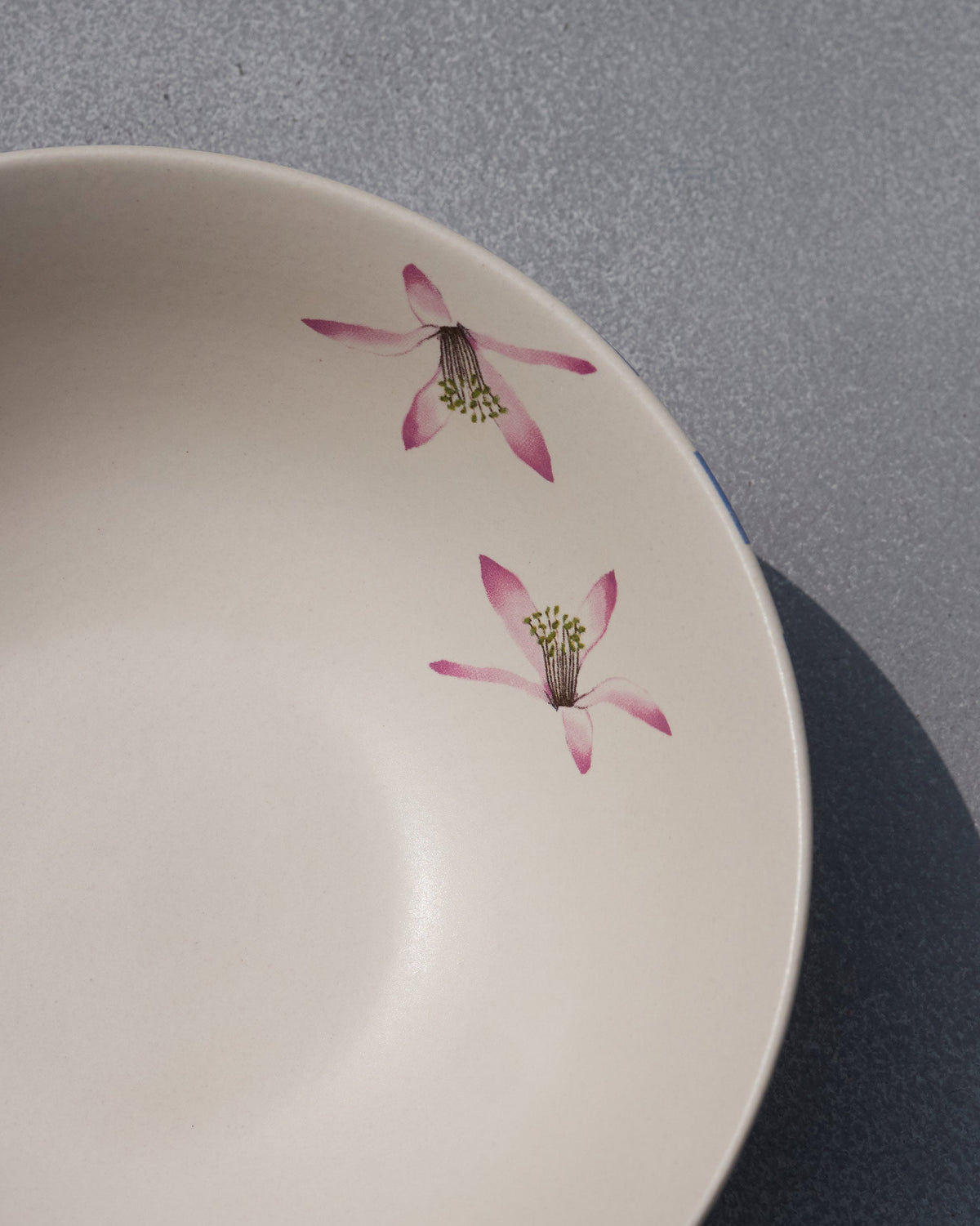 Close-up of pink flowers painted inside the Asfar curry bowl.